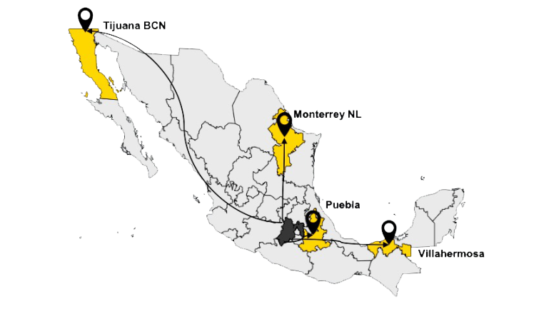 Mapa de hubs de distribución en México: Tijuana, Monterrey, Puebla y Villahermosa